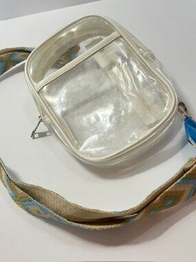 TRANSPARENT CLEAR PVC CROSSBODY STADIUM BAG WHITE TRIM COLORFUL WIDE WOVEN STRAP